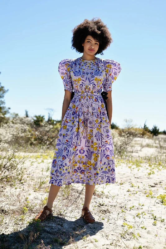 Spring Fashion Purple Floral Cotton Midi Dress