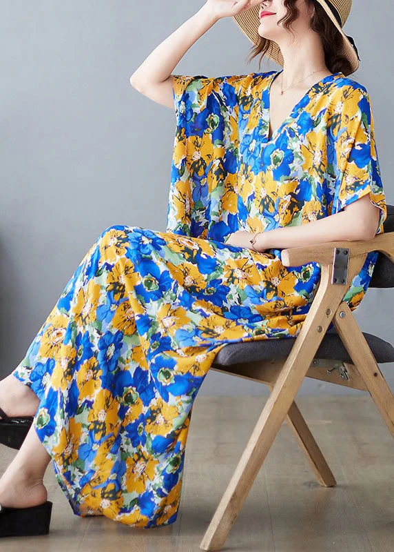 Elegant Style Beautiful V Neck Print Satin Long Dresses Short Sleeve