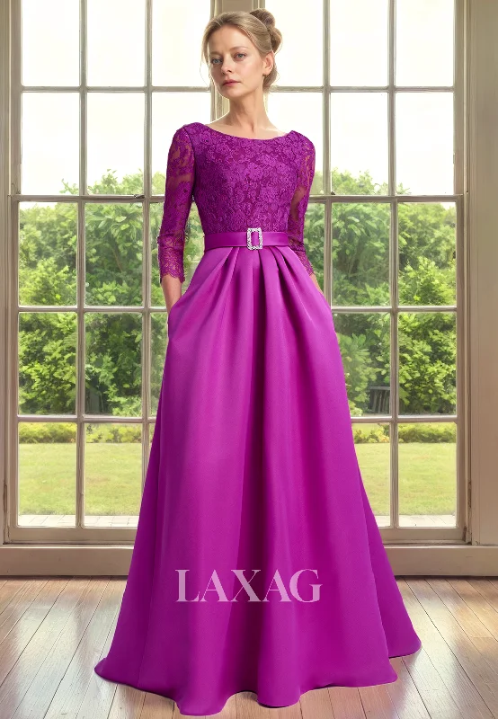 Trendy Styles A-Line Round Quarter Sleeves Lace Sleek Satin Mother of the Bride Dress with Train