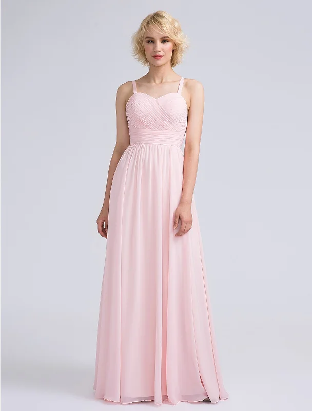 Summer Essentials A-Line Bridesmaid Dress Spaghetti Strap Sleeveless Elegant Floor Length Chiffon with Sash / Ribbon / Bow(s) / Criss Cross