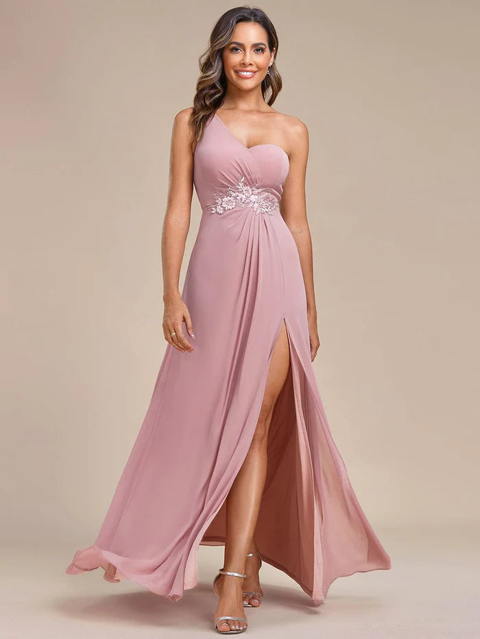 Father'S Day Deals Waist Applique One-Shoulder A-Line Bridesmaid Dress with High Slit