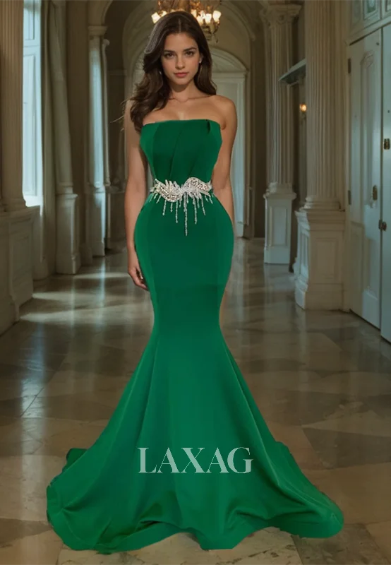 Day-To-Night Styles Strapless Beaded Sleek Satin Mermaid Party Prom Formal Evening Dress