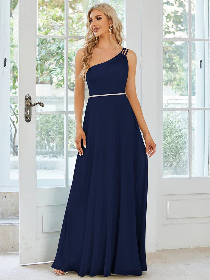 Limited Styles Flowy Chiffon One-Shoulder with Three Straps Bridesmaid Dress