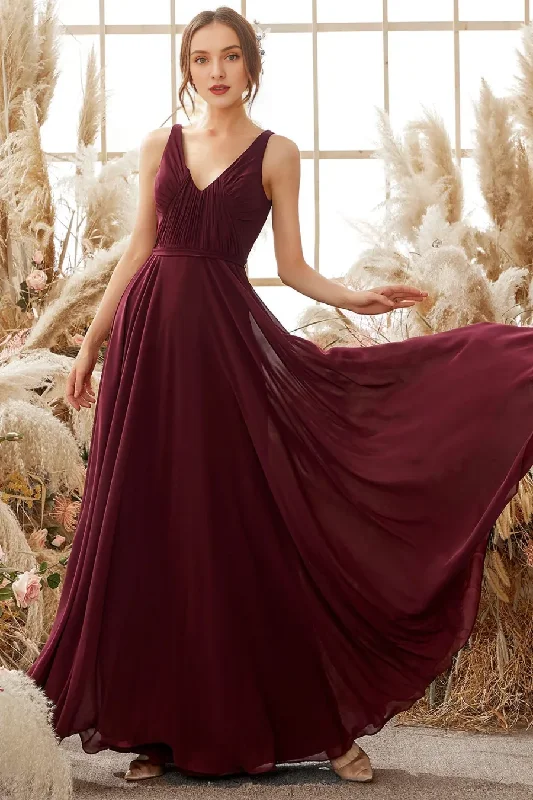 Budget-Friendly Fashion Wine red V-neck chiffon and floor length bridesmaid dress