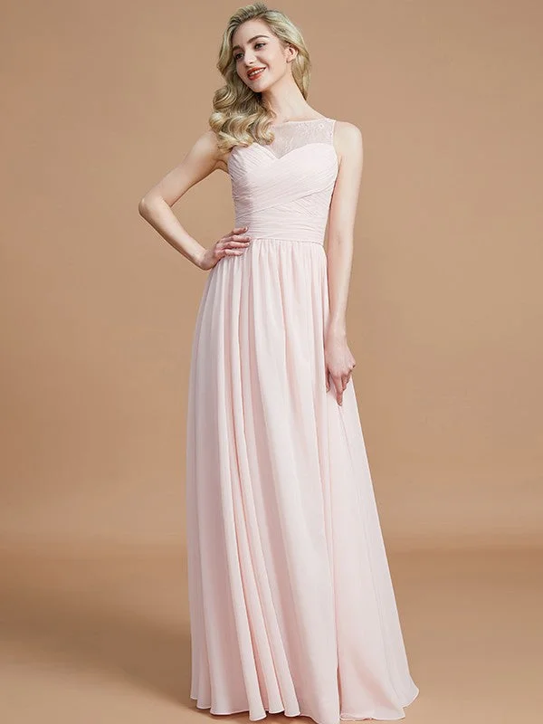 Limited Styles A-Line Bateau Sleeveless With Ruched Floor-Length Chiffon Bridesmaid Dresses