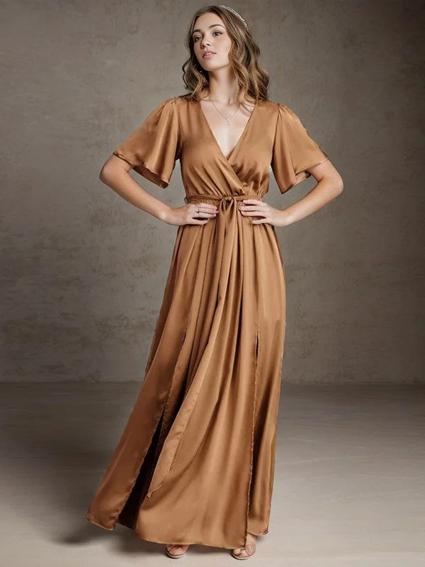 Early Access To Art Deco Styles Sale A-shaped princess silk V-neck short sleeved and ground length bridesmaid dress