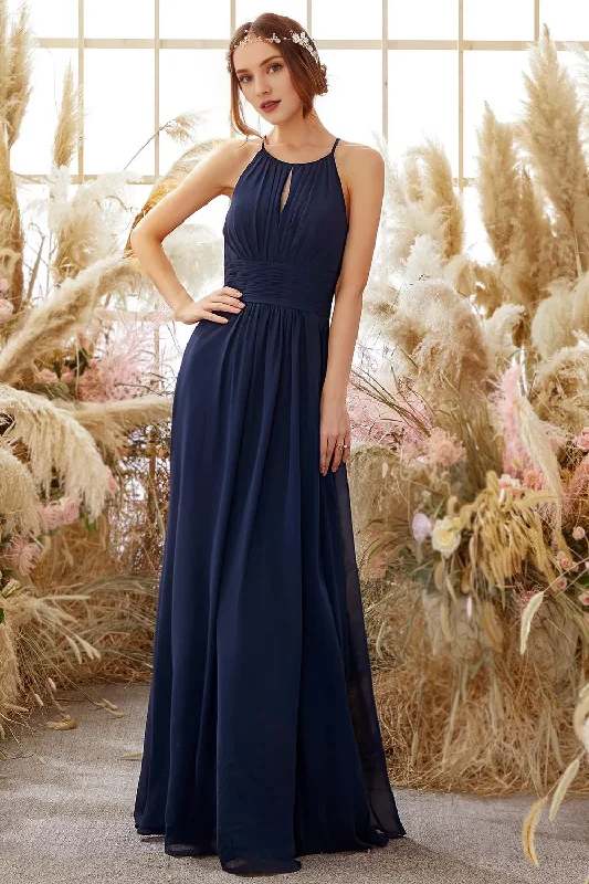 First Order Discount Navy Blue Neck Hanging Chiffon Bridesmaid Dress