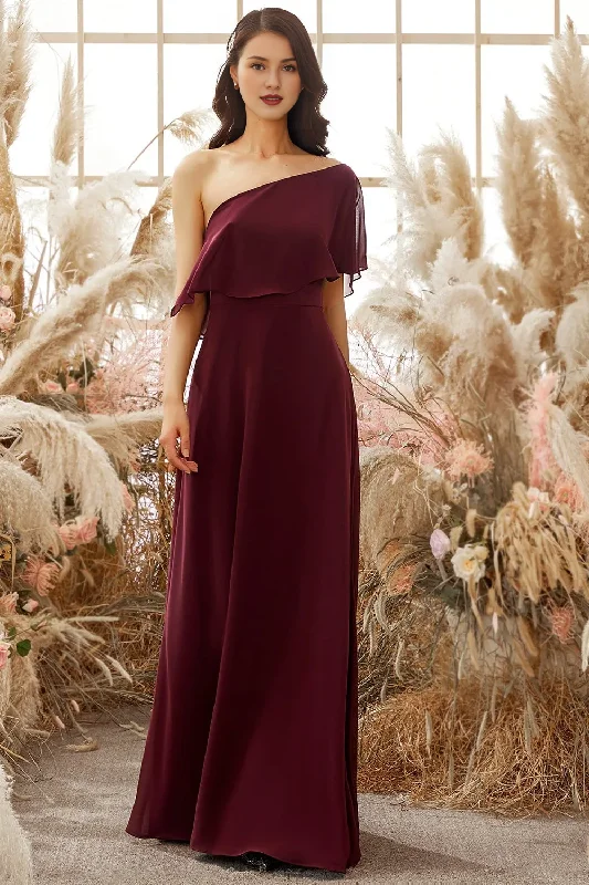 Style Upgrade One shoulder burgundy chiffon bridesmaid dress