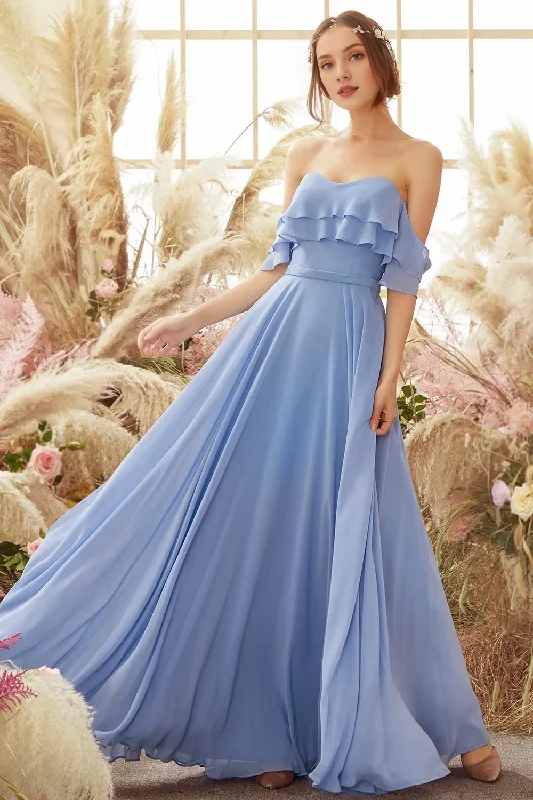 Seasonal Fashion Off shoulder blue chiffon bridesmaid dress