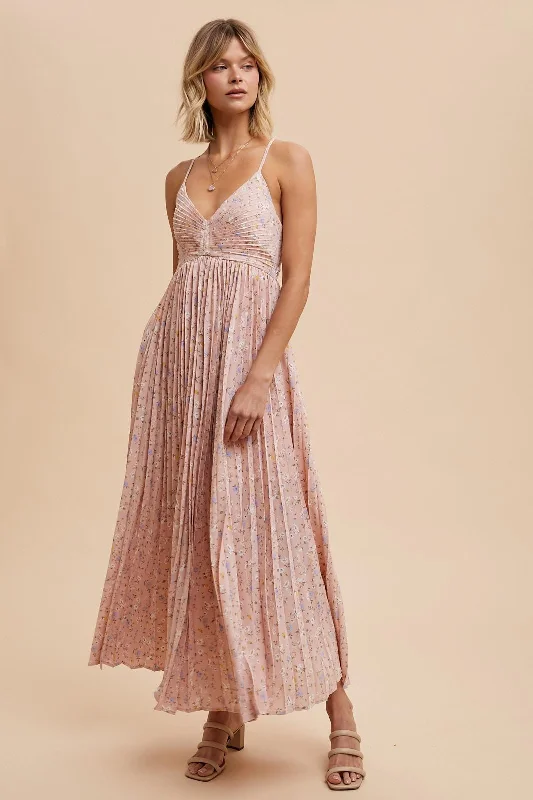 Best-Sellers Light Pink Floral Pleated Back Cutout Maxi Dress