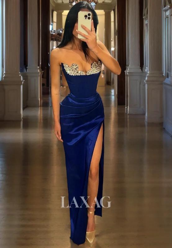 Exclusive Sale Strapless Beaded Sleek Satin High Slit Party Prom Formal Evening Dress