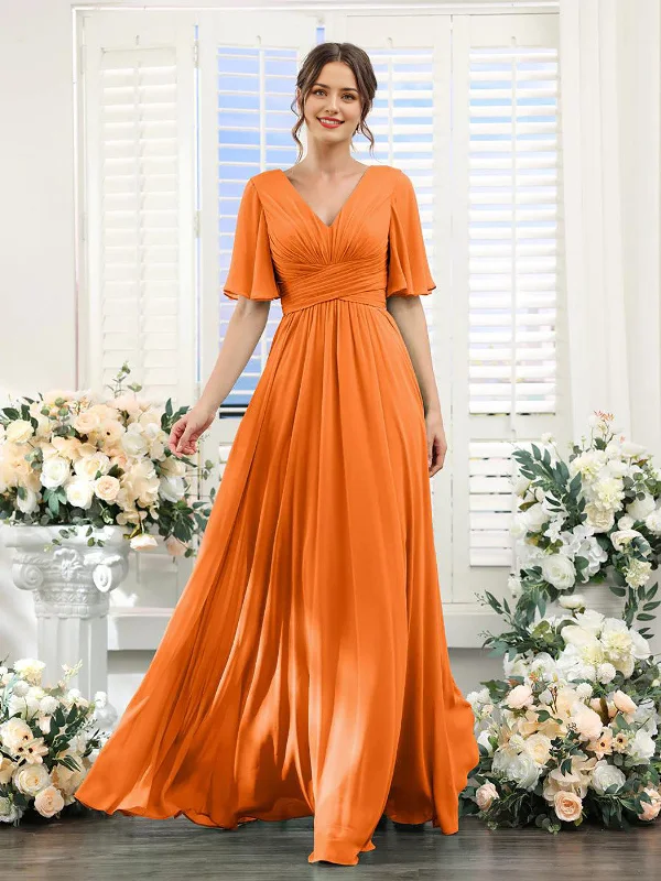 Spring Fling Sale A-shaped V-shaped leader bridesmaid dress, suitable for wedding guests, long chiffon formal slit party dress