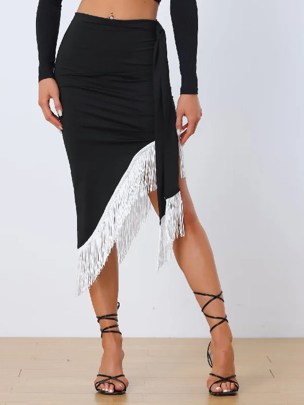 Clearance Event Fringe Trim Bodycon Asymmetrical Ruched Tie Waist Party Midi Skirts