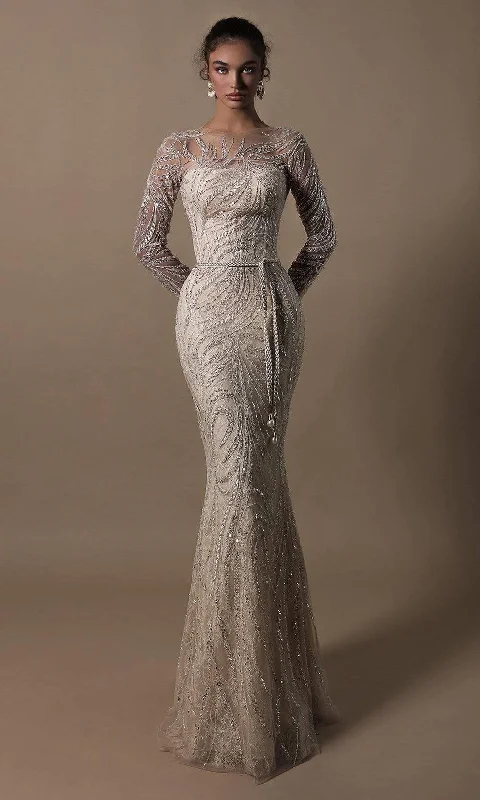 End Of Season Sale Tarik Ediz - 96013 Embroidered Long Sleeve Trumpet Dress