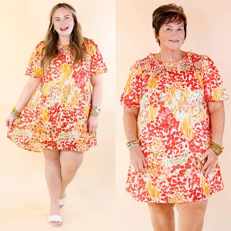 Big Savings On Rustic Countryside Styles Simply Radiant Mix Floral Print Dress with Short Sleeves in Red and Yellow Mix