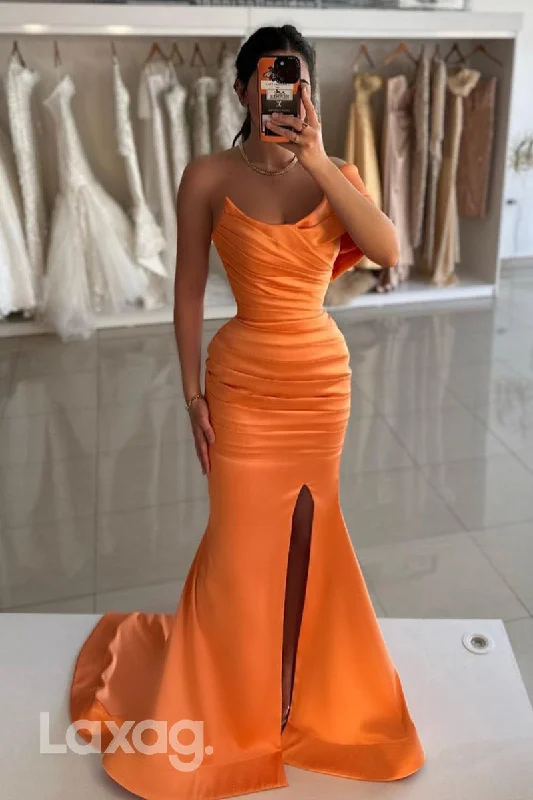 Summer Essentials 13798 - Off Shoulder Satin Ruched Mermaid Long Formal Prom Dress with Slit