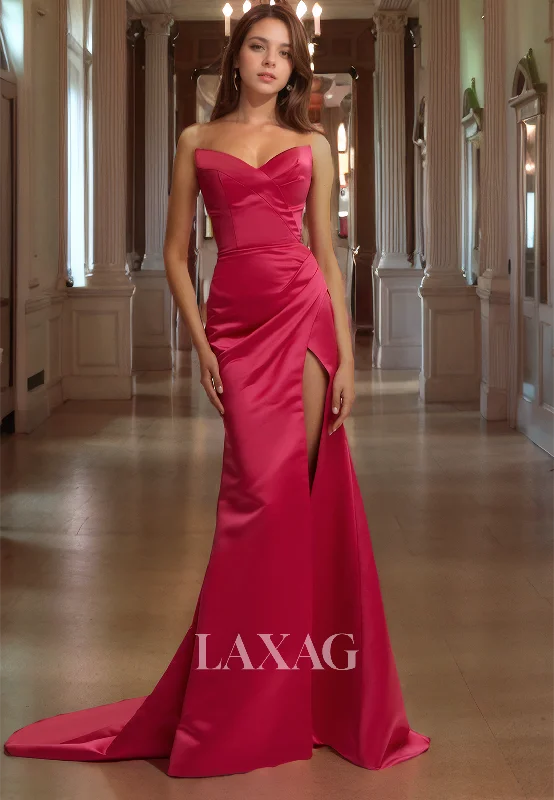 Limited-Time Offer Strapless Sleek Satin High Slit Elegant Party Prom Formal Evening Dress