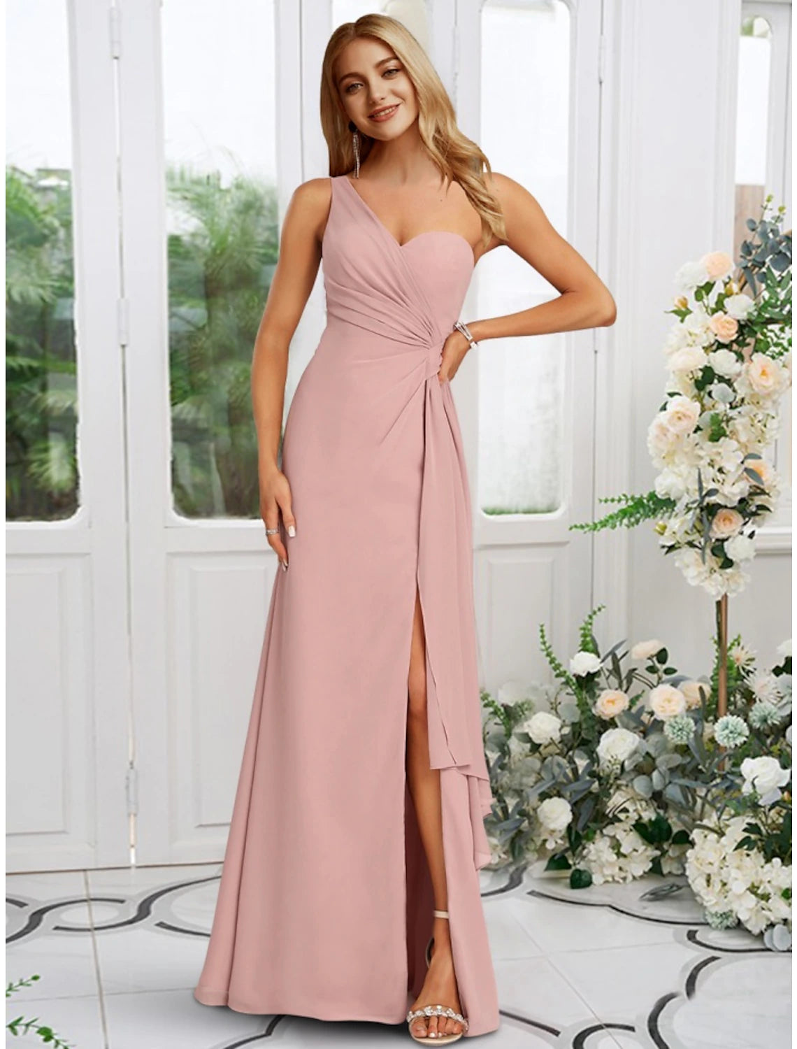 Limited-Time Offer A-Line Bridesmaid Dress One Shoulder Sleeveless Elegant Floor Length Chiffon with Split Front / Ruching