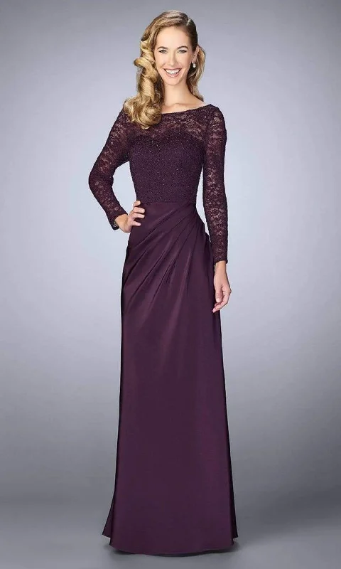 Style Upgrade La Femme - Long Sleeve Beaded Lace Sheath Dress 23435SC - 1 pc Plum In Size 4 Available