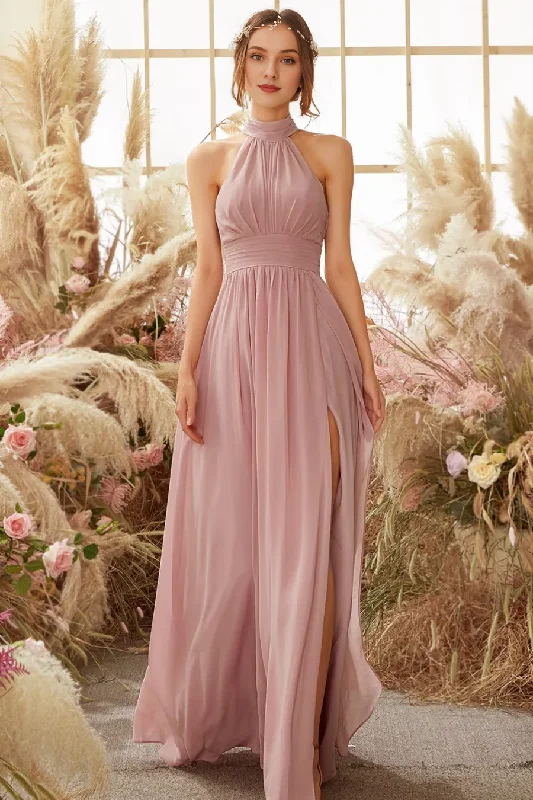 Seasonal Sale Hanging neck pleated chiffon bridesmaid dress