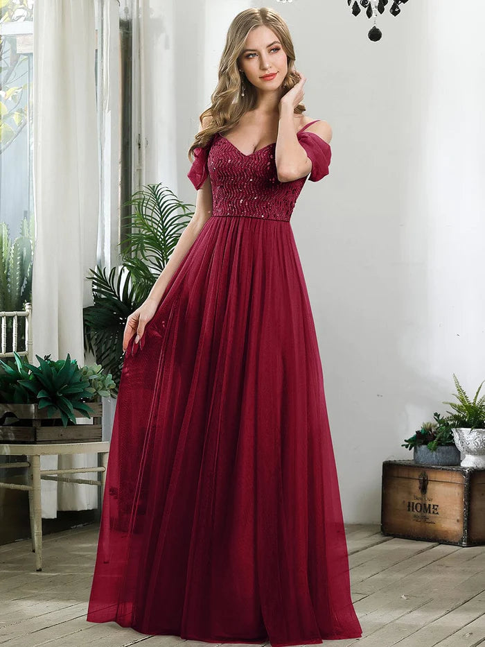 Limited Time Deal Sequin Bodice Cold Shoulder Floor Length Tulle Bridesmaid Dress