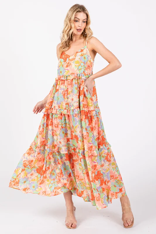 Elegant Style Multi-Color Floral Ruffle Tiered Sleeveless Midi Dress