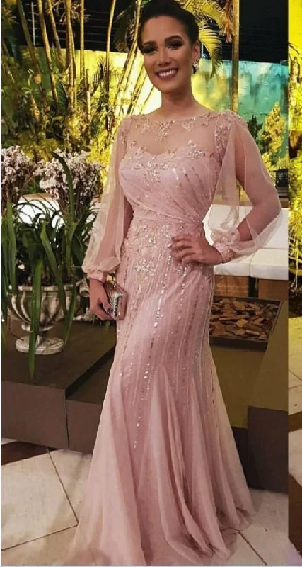 Trend Alert Shiny Sequined Mermaid Dresses Party Evening With Long Sleeves Sheer Bateau Neck Bead Prom Gowns Floor Length New Formal Dress cg799