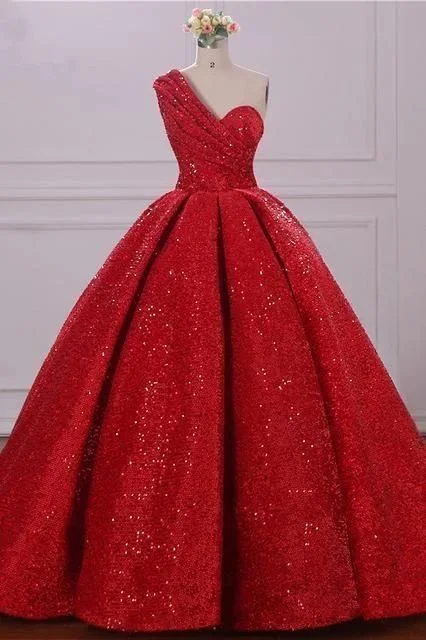 First Order Discount Ball Gown One Shoulder Sequins Red Sweetheart Prom Dresses cg3687