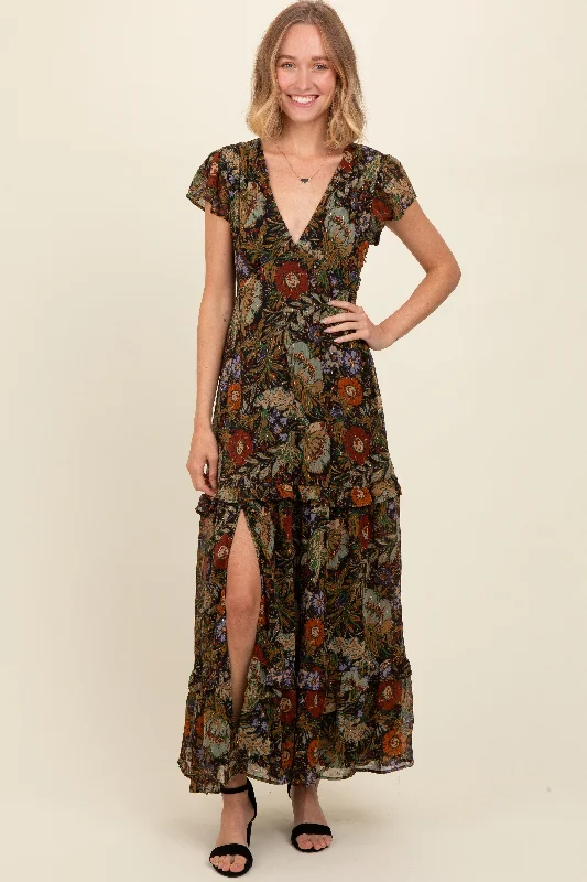 Father'S Day Deals Black Floral Deep V-Neck Tiered Maxi Dress