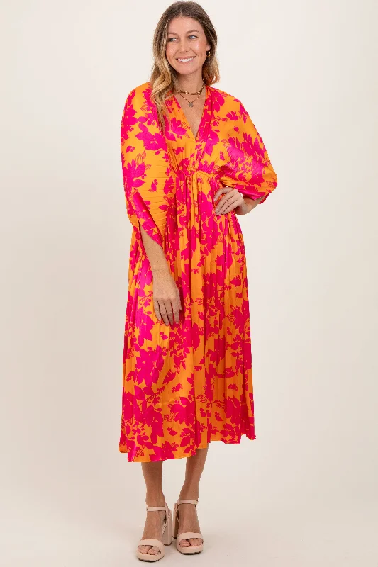 Summer Splash Sale Orange Floral Satin Pleated V-Neck Maxi Dress