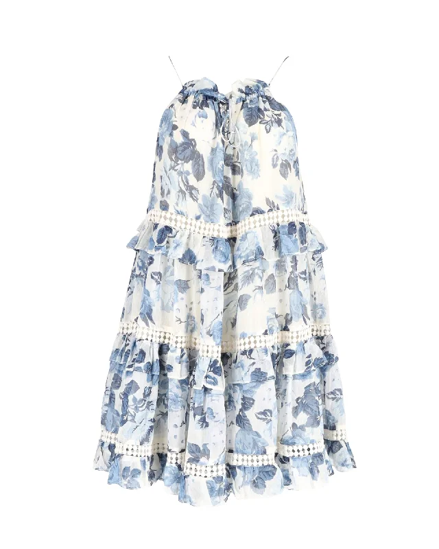 Chic Style Zimmermann Tiered Sleeveless Dress in Blue Floral Print Silk