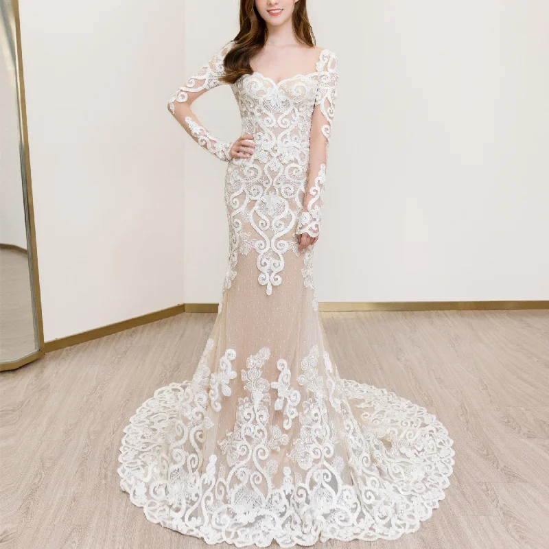 Special Offer Floral Lace Trumpet Mermaid Wedding Dress with Sheer Long Sleeve