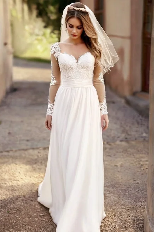 Pastel Styles Bohemian Long Sleeves Pleated Waist Lace and Chiffon A-Line Wedding Dress