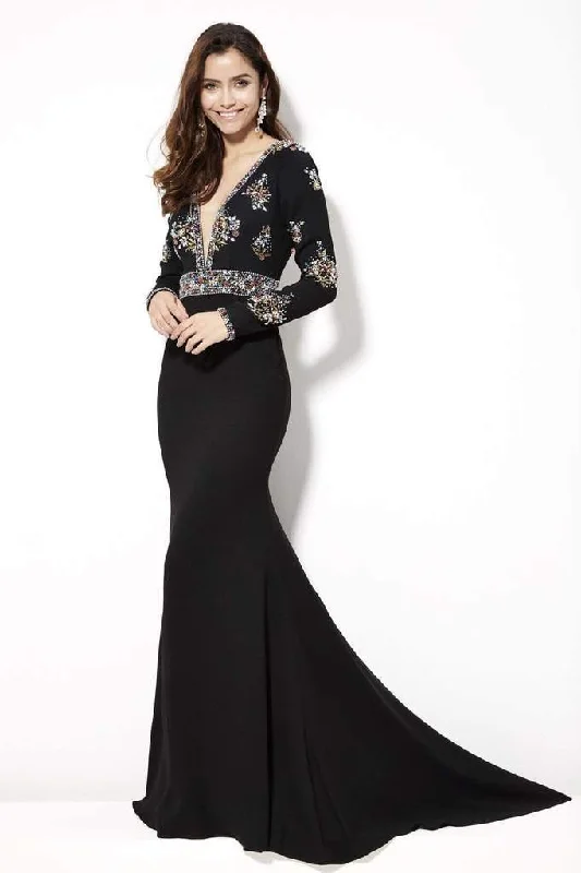 Exclusive Sale Angela & Alison - 81093 Long Sleeves Beaded Deep V-neck Trumpet Dress - 1 pc Black In Size 2 Available