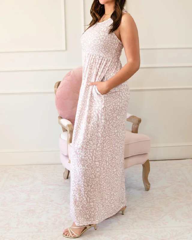 Clearance Event Leopard Pattern Pocketed Sleeveless Maxi Dress In Light Pink