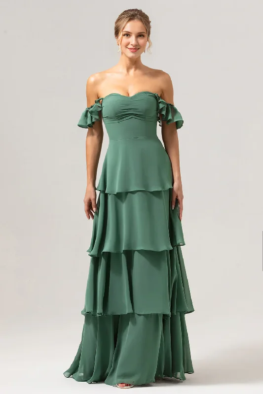 Trend Alert Eucalyptus A-line off shoulder layered bridesmaid dress