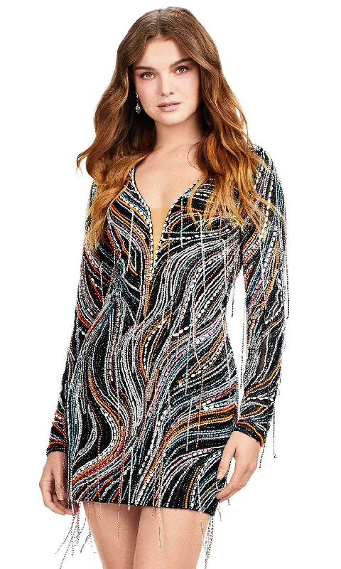 Fashion Essentials Ashley Lauren 4658 - Long Sleeve Beaded Fringe Cocktail Dress