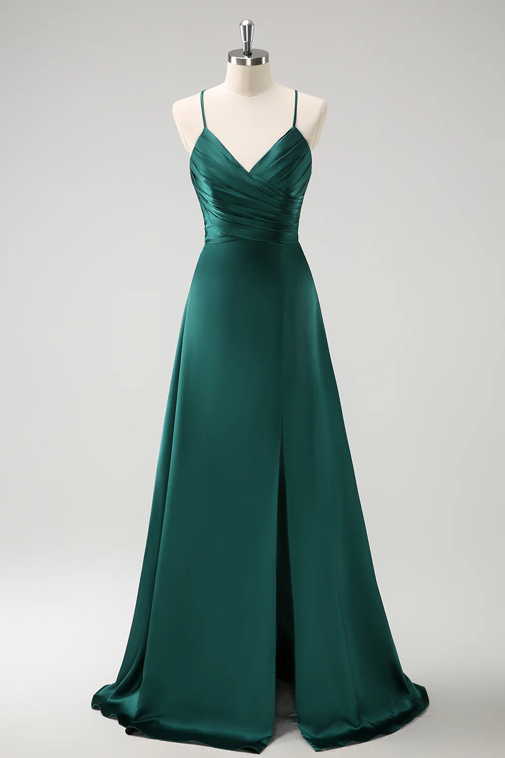 Early Access To Art Deco Styles Sale Deep green A-line thin shoulder strap pleated and floor length slit satin bridesmaid dress