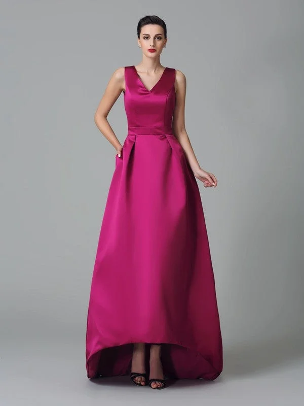 Fashion For Every Occasion A-Line/Princess Straps Ruched Sleeveless High Low Satin Bridesmaid Dresses