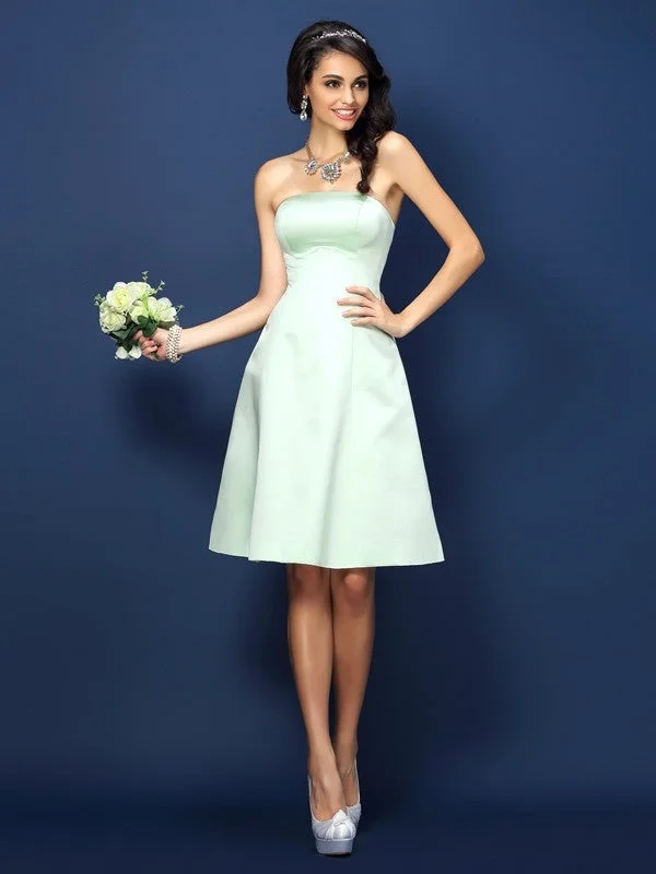 Season Sale A-Line/Princess Strapless Sleeveless Short Satin Bridesmaid Dresses