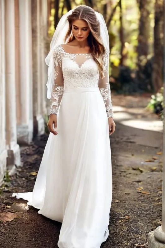 Fashion Deal Boho Long Sleeves  Square Neck Lace and Chiffon A-Line Wedding Dress with Belt