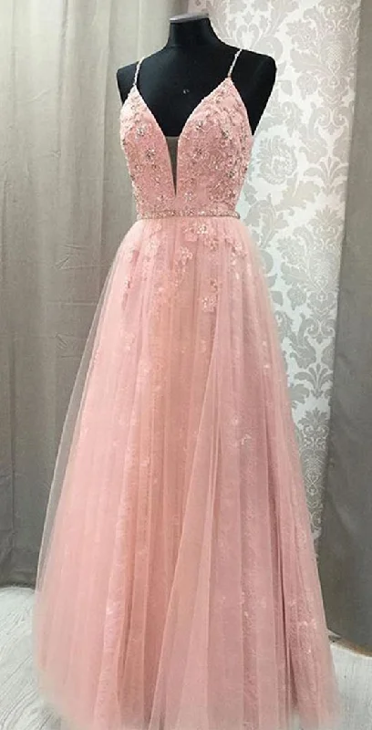 Seasonal Trends Pink Prom Dress,Tulle Prom Gown,Appliques Prom Dress,lace Prom Gown  cg986