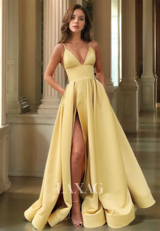 Hot Trends 14731 - Deep V-Neck Corset A-Line Satin Open Back Gown