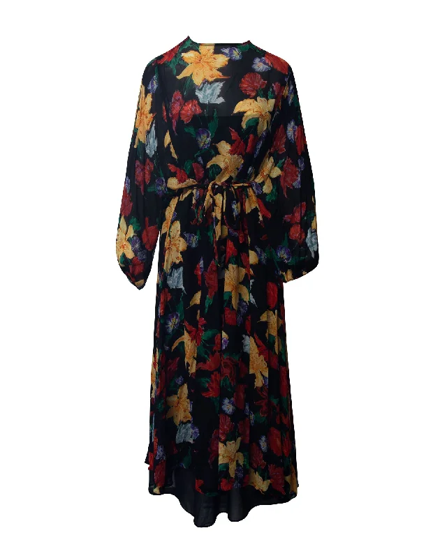 End - Of - Month Blowout Rixo Belted Floral Print Midi Dress in Multicolor Polyester