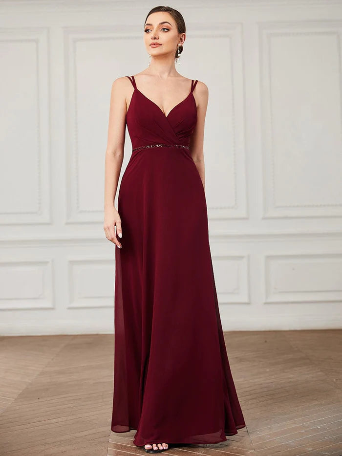 Season Sale V-neck Pleated Spaghetti Strap Chiffon Bridesmaid Dress