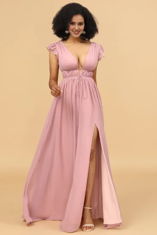 Limited-Time Offer Pink V-neck long chiffon front slit and floor length bridesmaid dress