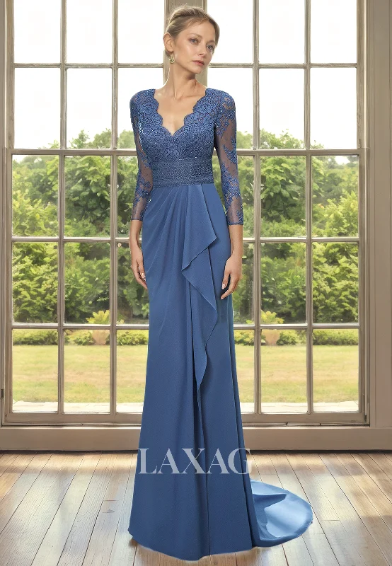 Summer Splash Sale V-Neck Long Sleeves Lace Sequins Sleek Satin Mother of the Bride Dress with Train