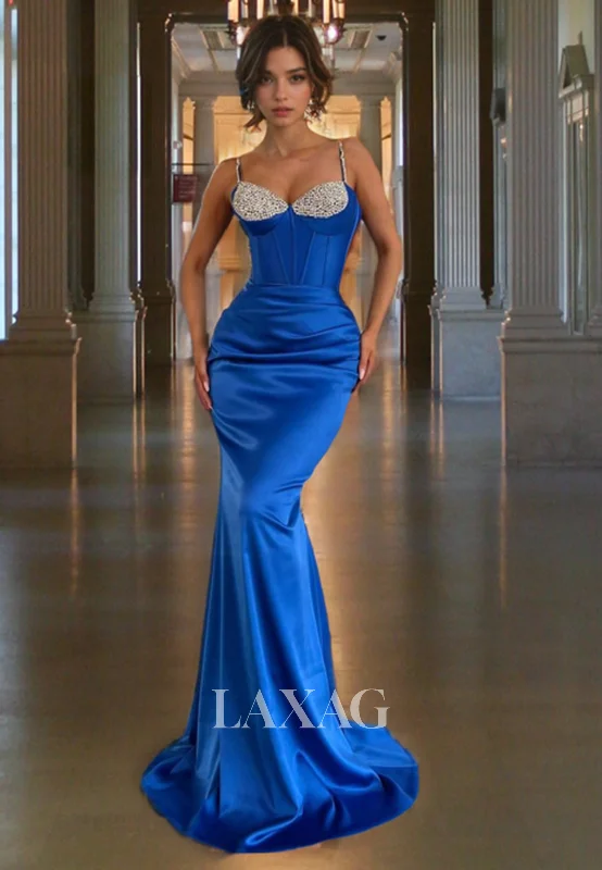 Trend Alert Spaghetti Straps Beaded Sleek Satin Mermaid Party Prom Formal Evening Dress