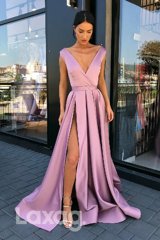 Buy More, Save More 14739 - Sleeveless V-Neck Pleated Satin Gown With High Slit