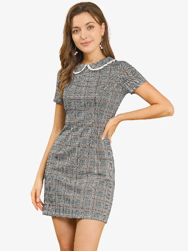 Big Savings Vintage Houndstooth Short Sleeve Slim Fit Stretchy Mini Bodycon Dress